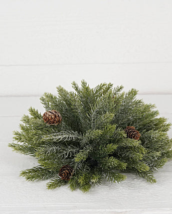 Snowy flocked Spruce Fir with Birch Cone Half Sphere