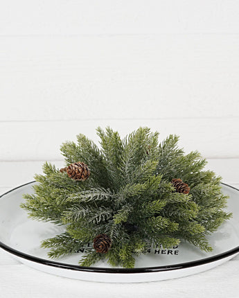 Snowy flocked Spruce Fir with Birch Cone Half Sphere